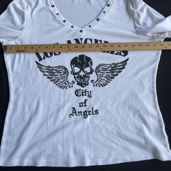 Allen B City of Angels Top Women Extra Large XL Skull Angel Wings Studded V-neck - Picture 8 of 11